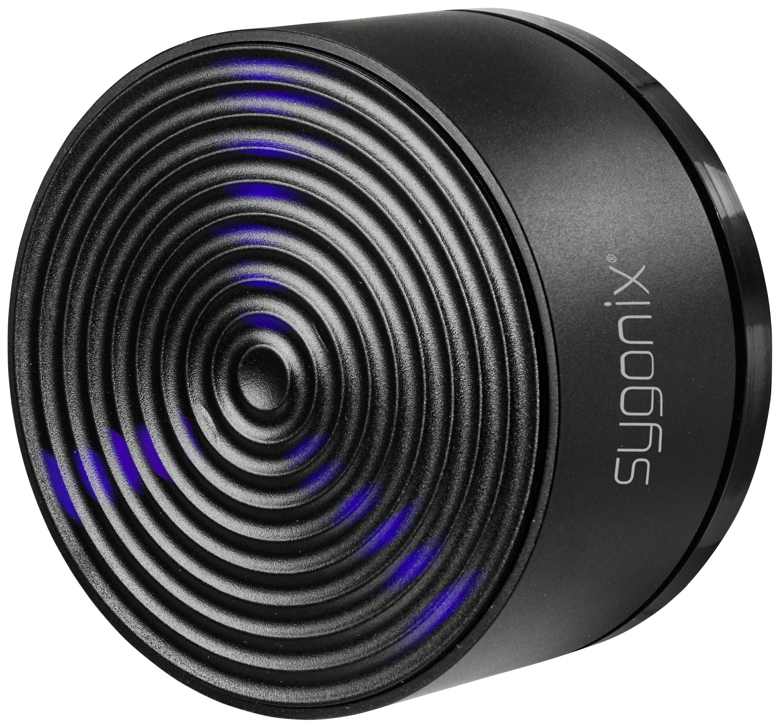 Kulatý černý bluetooth reproduktor s koncentrickými kruhy na horní straně a modrými LED světly.