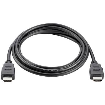 HDMI kabel v černé barvě, s obdélníkovými konektory na obou koncích, typicky používaný pro propojení video a audio zařízení.
