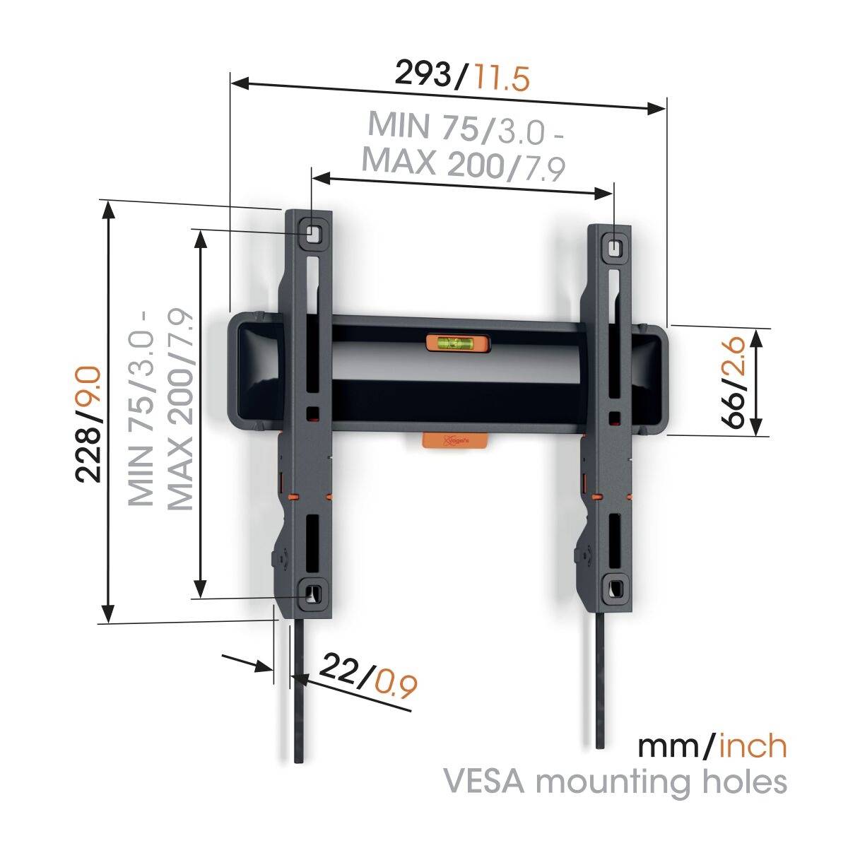 Nástěnný držák s VESA montážními otvory. Rozměry: šířka 293 mm/11,5 palce, výška 228 mm/9 palců. Montovatelný pro VESA 75–200 mm.