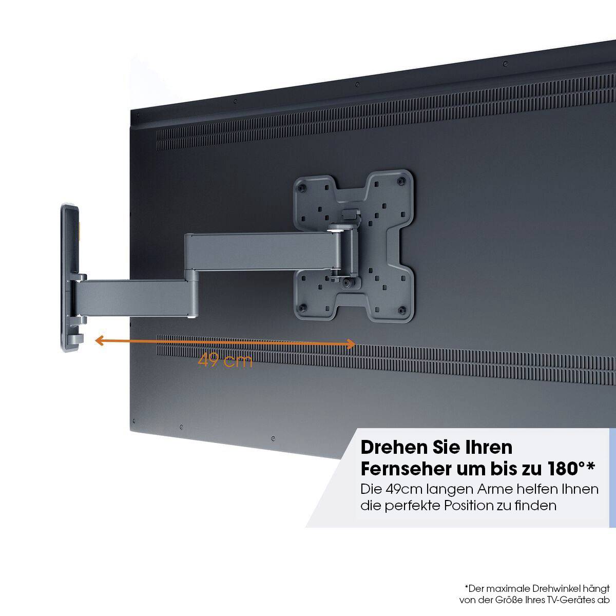 Nástěnný držák s výsuvným ramenem pro televize, vysunutelný až do 49 cm, umožňující otočení o 180°. Úhel otočení závisí na velikosti TV.
