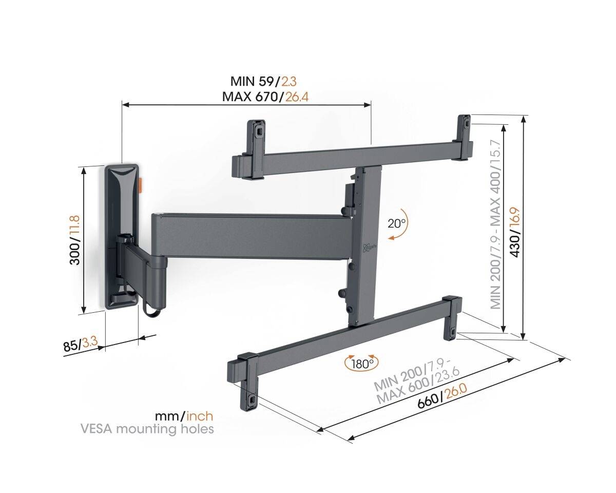 Nástěnný držák TV s otočným a naklápěcím ramenem, nastavitelná šířka 590-670 mm, výška 200-400 mm. Vhodný pro TV kompatibilní se standardem VESA.