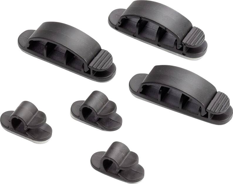 Šest černých kabelových spon v různých velikostech leží na bílém povrchu. Slouží k organizaci a upevnění kabelů.