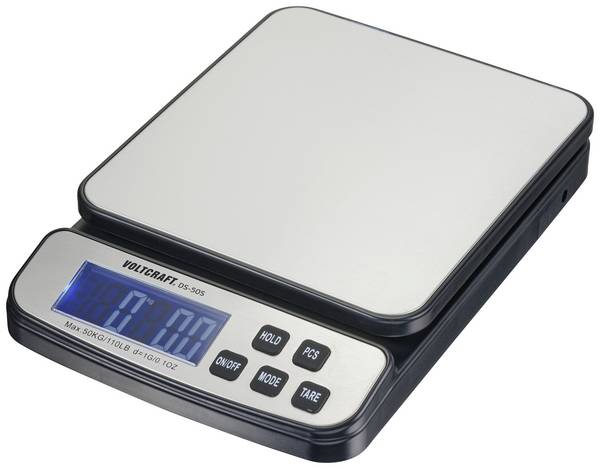 VOLTCRAFT DS-50S stolní váha  Max. váživost 50 kg Rozlišení 1 g na baterii, přes napájecí zdroj do zásuvky (volitelné) stříbrná