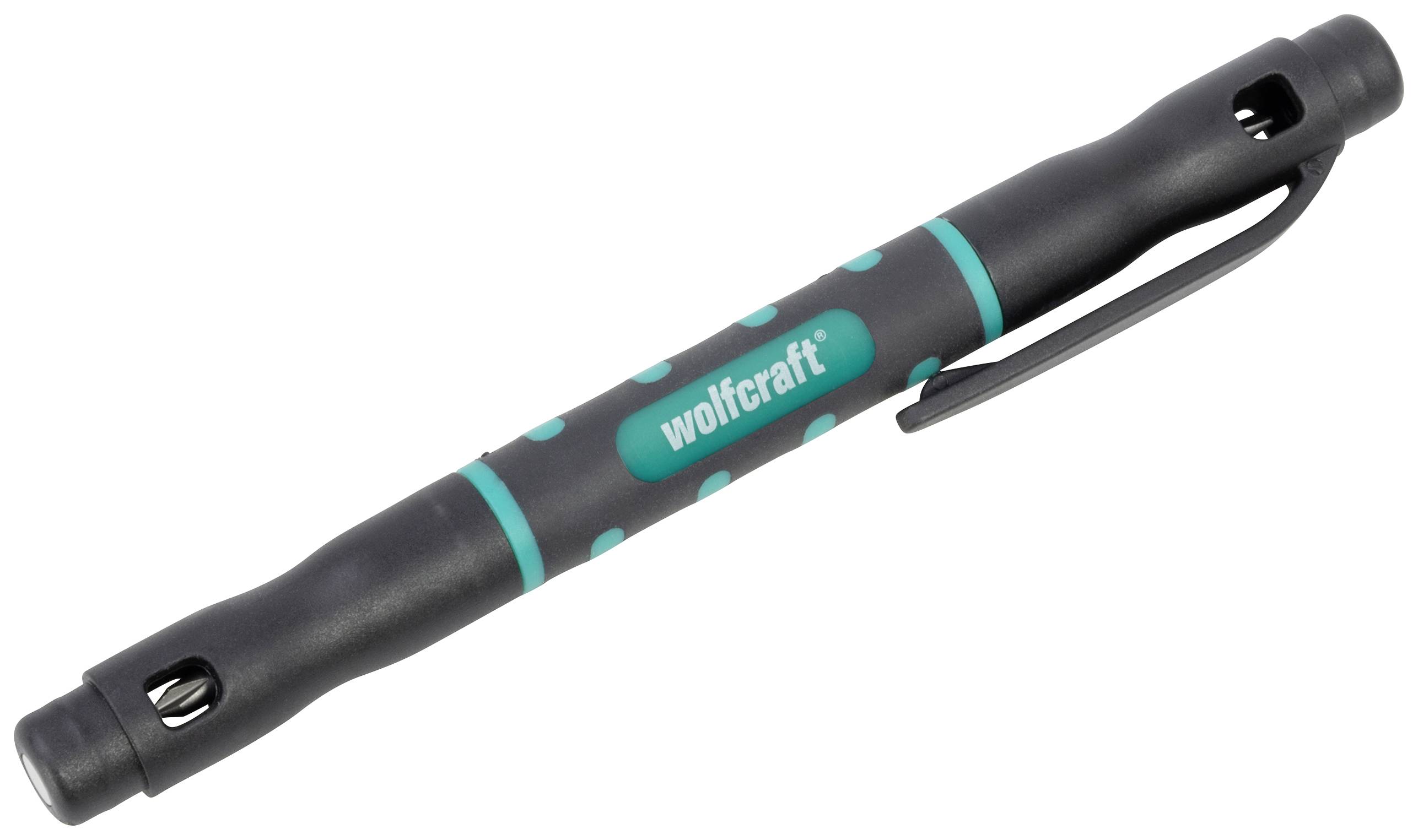 Černá tužka s tyrkysovými akcenty a potiskem 'wolfcraft', vhodná pro přesné vyznačování na povrchu.