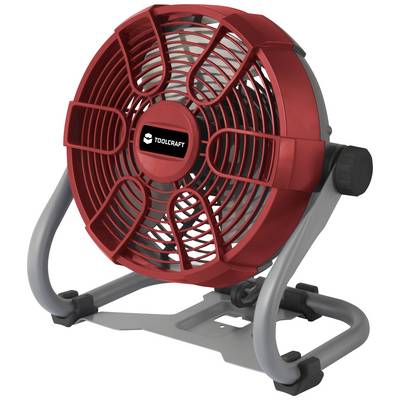 Červený stolní ventilátor se stabilní šedou základnou a černým otočným ovladačem po straně.