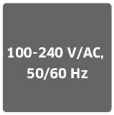 Na šedém pozadí je černým písmem zobrazen text "100-240V/AC, 50/60 Hz".