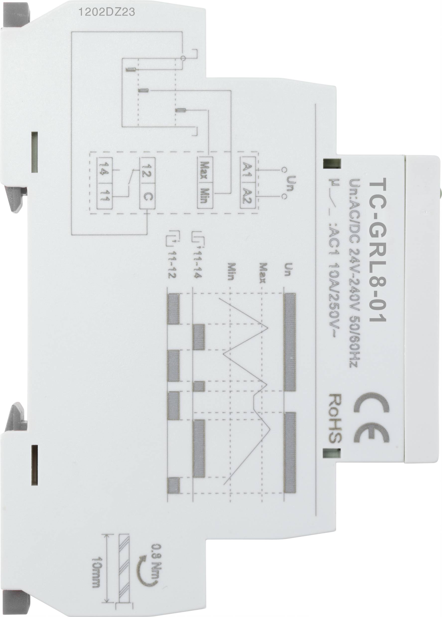 Bílé elektronické zařízení s elektrickými schematickými symboly je vyobrazeno. Jedná se o reléový model TC-GRL8-01, certifikovaný CE.