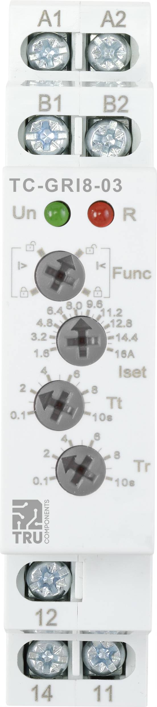 Obrázek znázorňuje elektrické zařízení s označeními 'A1', 'A2', 'B1', 'B2', '11', '12', '14', tlačítky 'H' a kontrolkami 'Un', 'R'.