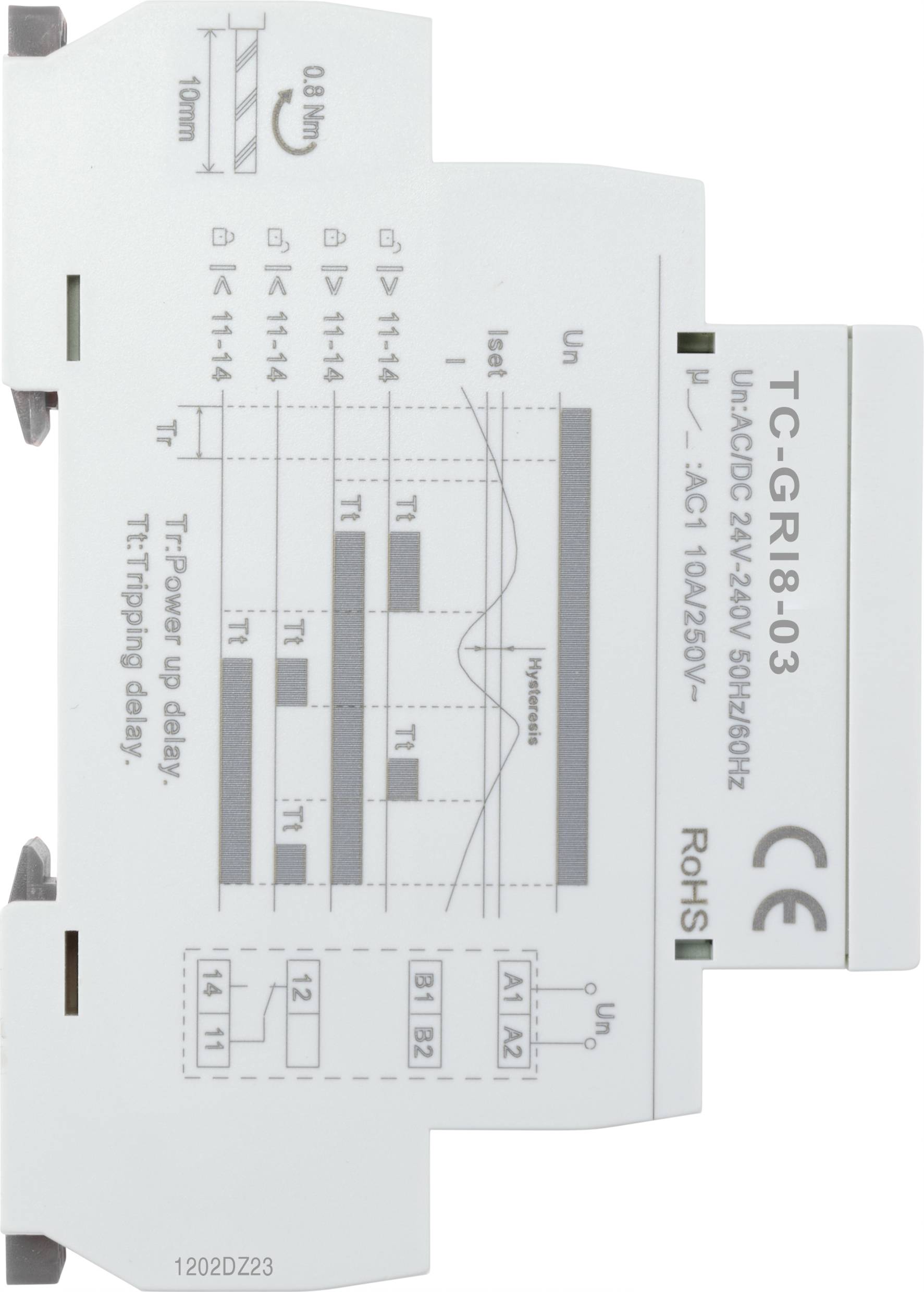 Průmyslové komponenty s grafickým znázorněním elektrických provozních podmínek, elektrickými schématy a technickými specifikacemi.