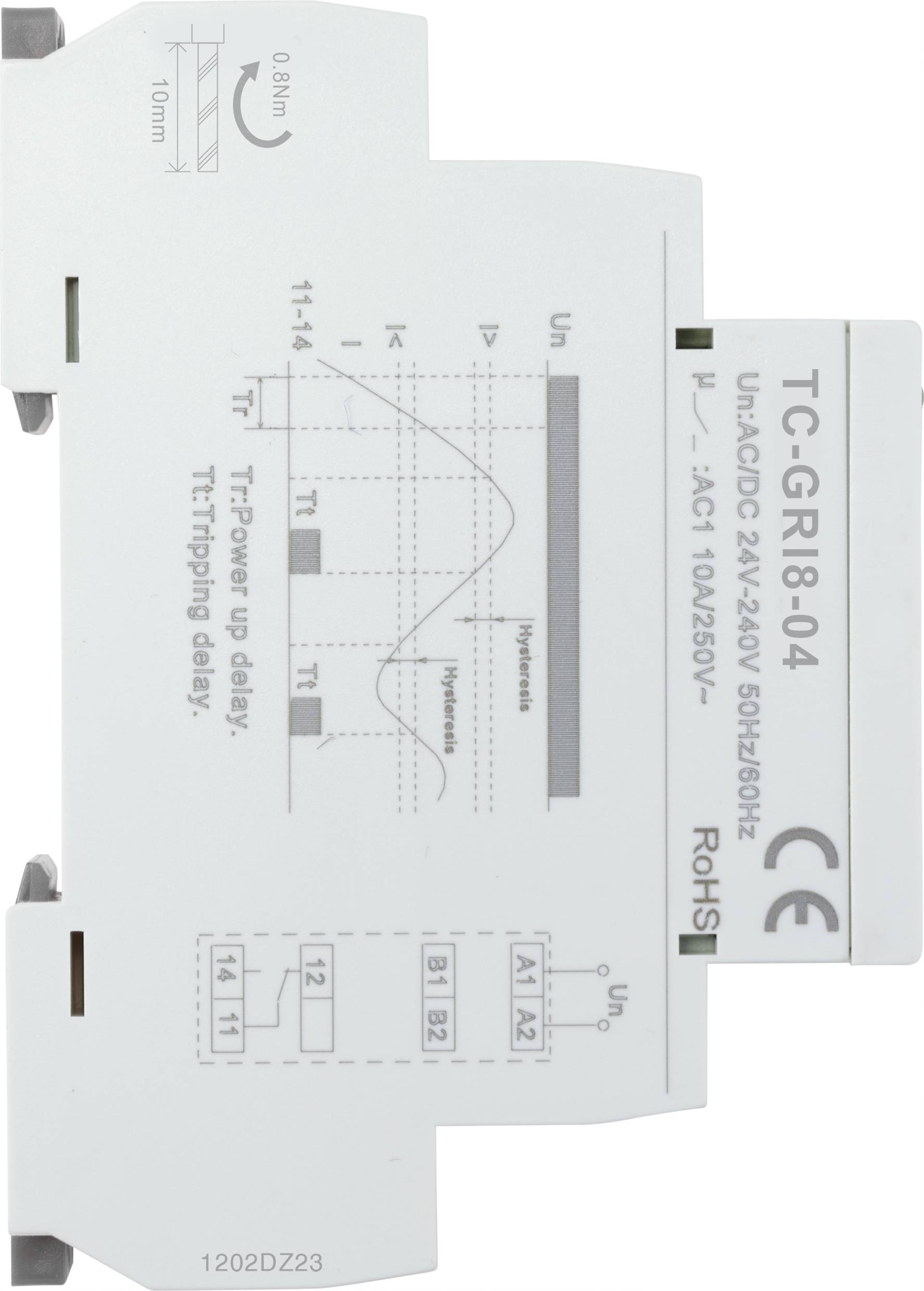Modul časového relé 'TC-C-RI 8.04' s diagramem pro řízení elektrické komponenty, technickými specifikacemi a schématem zapojení.