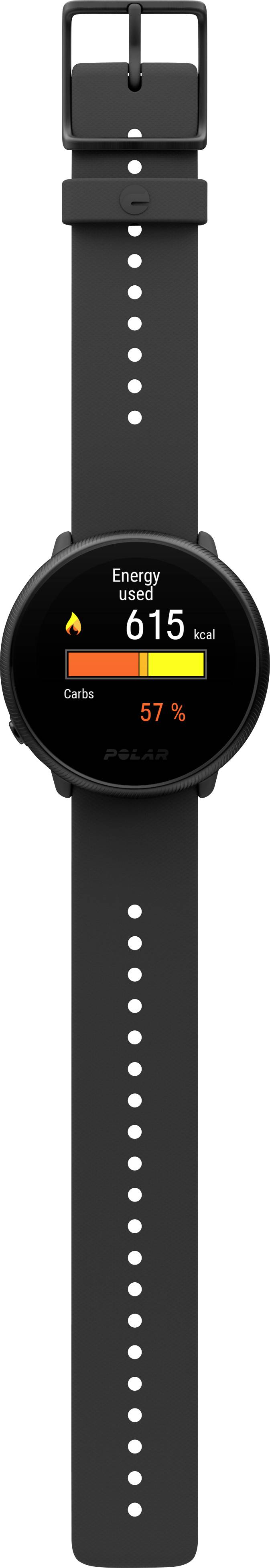 Černé chytré hodinky zobrazují na displeji 'Energie 615 kcal' a 'Kardio 57 min'. Měření energie v tréninkovém módu.