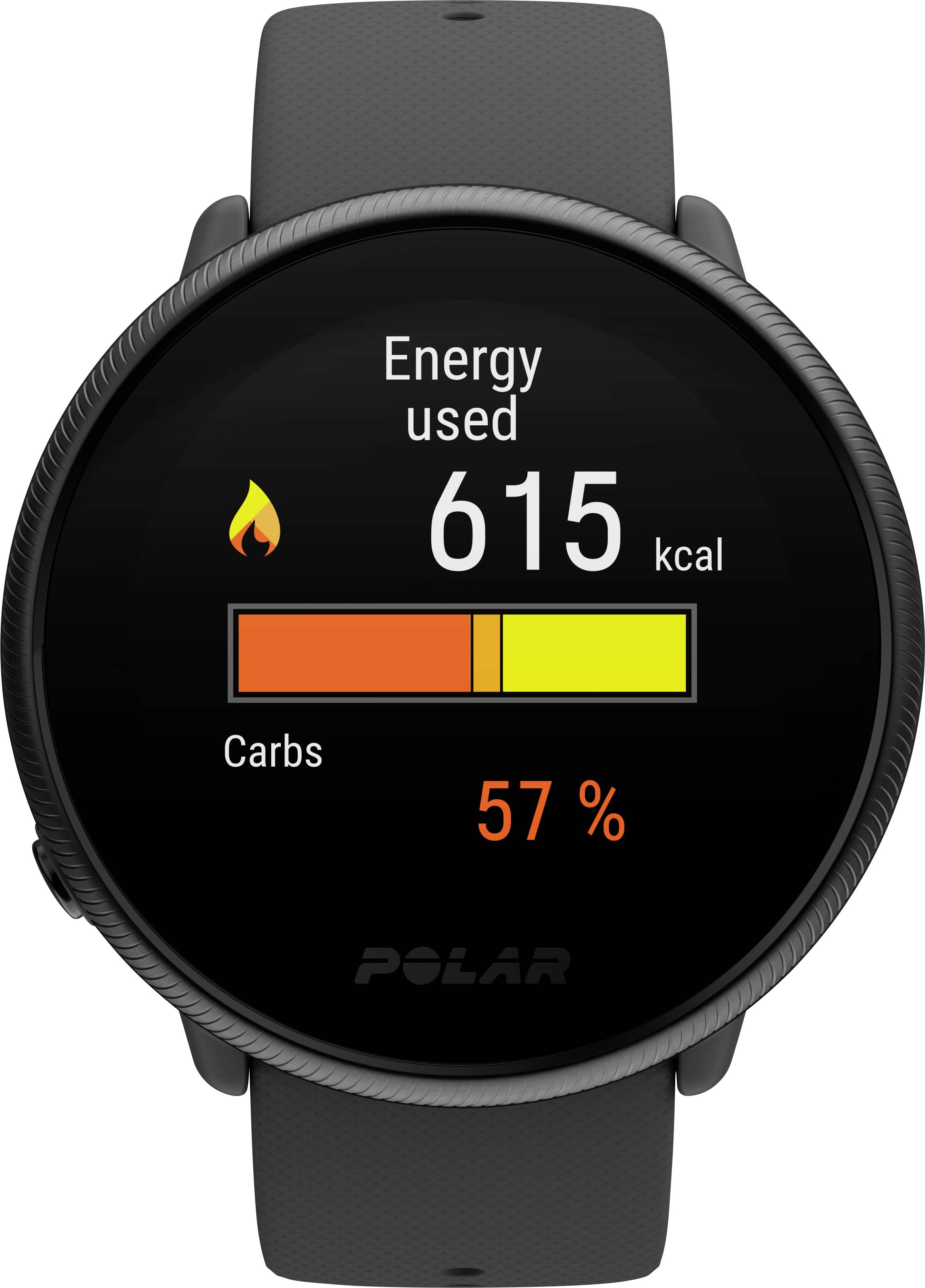 Chytré hodinky zobrazují 'Využitou energii' jako 615 kcal. Sloupcový graf ukazuje 57 % sacharidů.