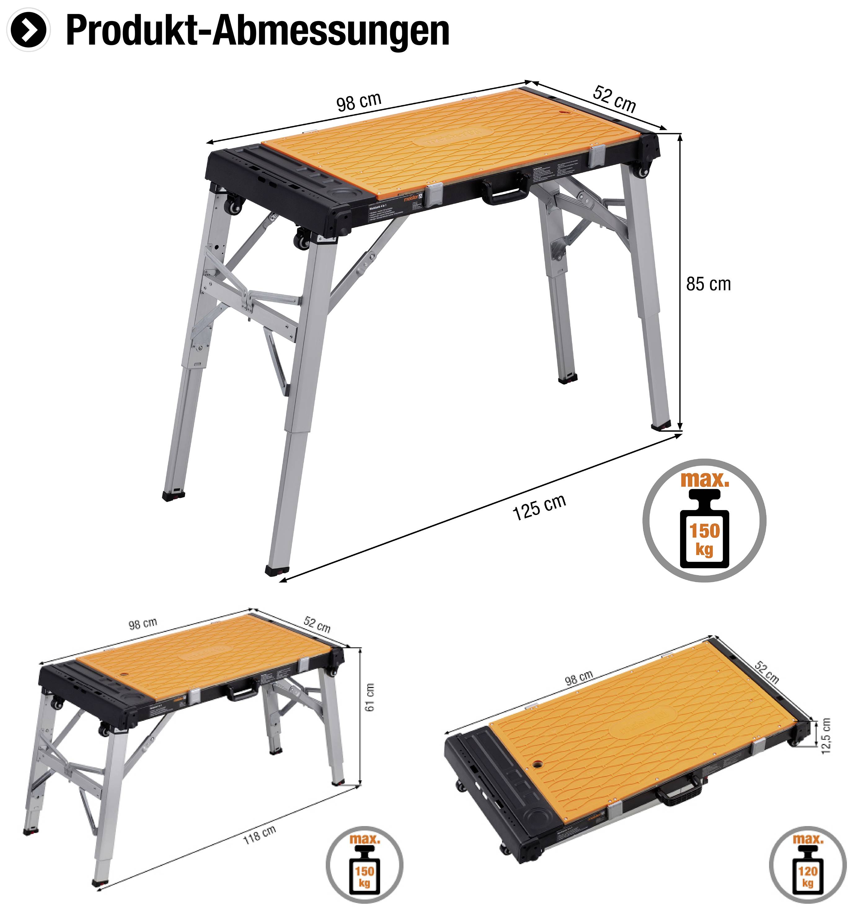 Výškově nastavitelný pracovní stůl o rozměrech 125 cm délky, 52 cm šířky a 85 cm výšky. Maximální nosnost: 150 kg.