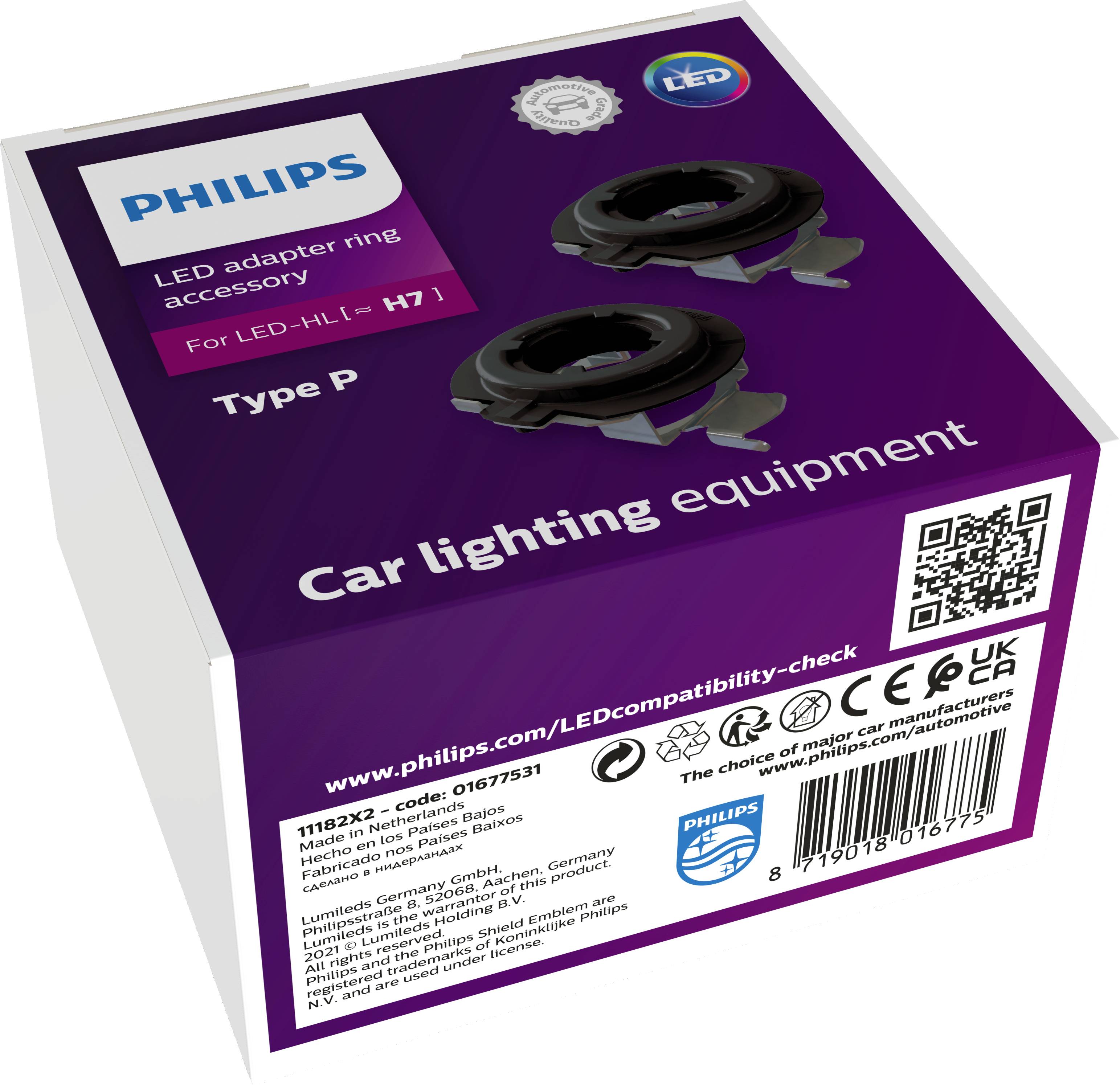 Adaptační kroužek Philips LED pro světlomety, typ P, kompatibilní s žárovkami H7; balení obsahuje vyobrazení produktu.