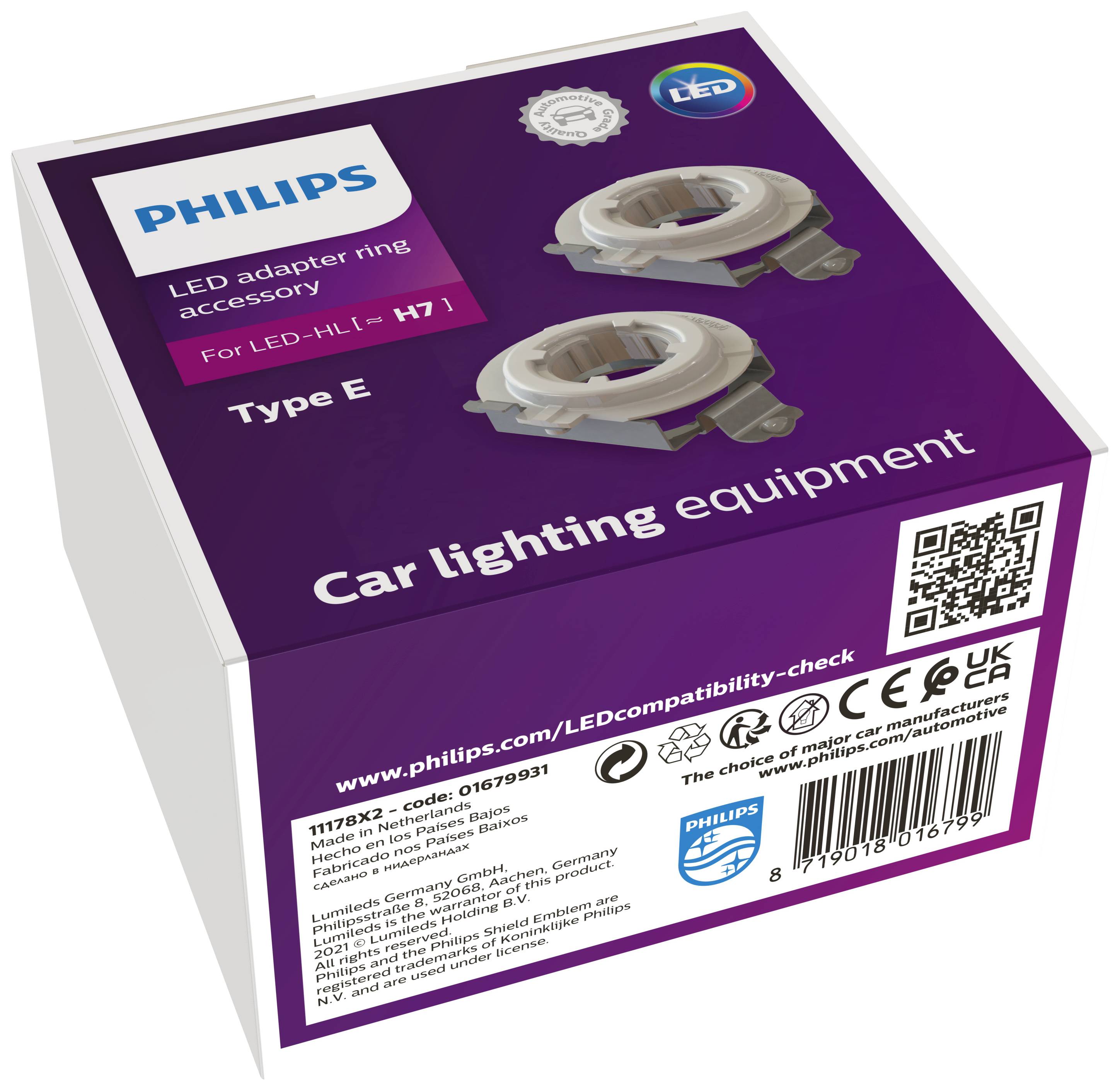 Adaptační kroužek Philips LED pro LED-HL [≈ H7], typ E. Balení s autopříslušenstvím a QR kódem webových stránek.