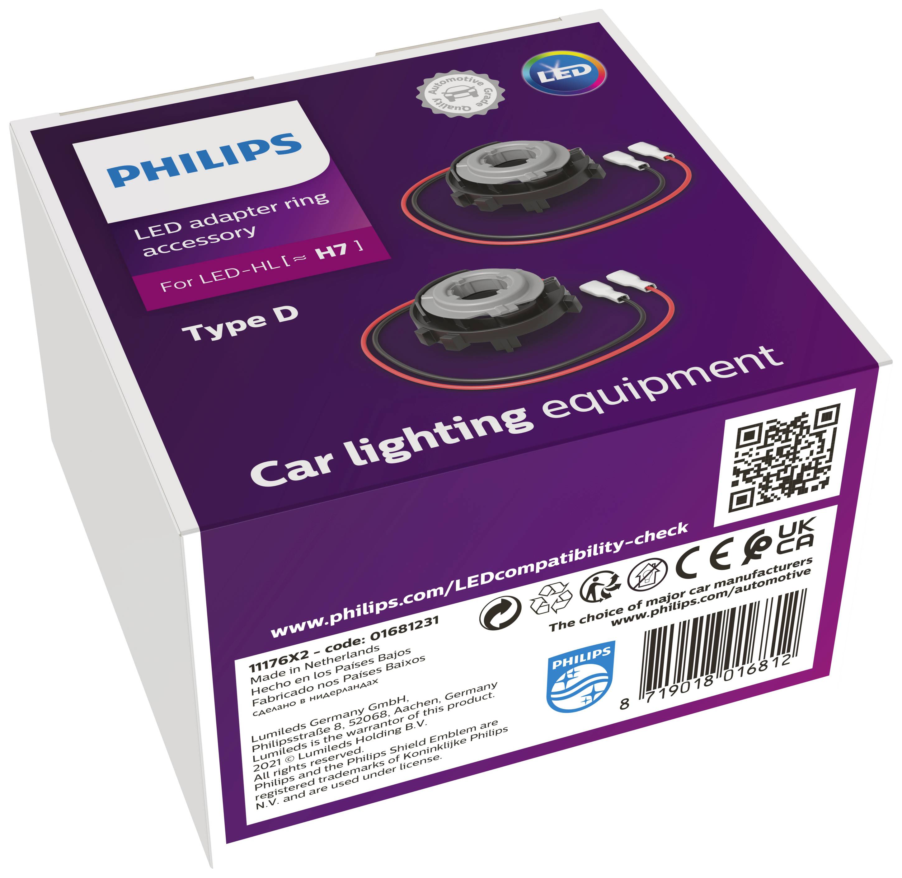 Balení adaptérového kroužku Philips LED pro typ automobilového světla H7. Obsahuje údaje o kompatibilitě a QR kód pro další informace.