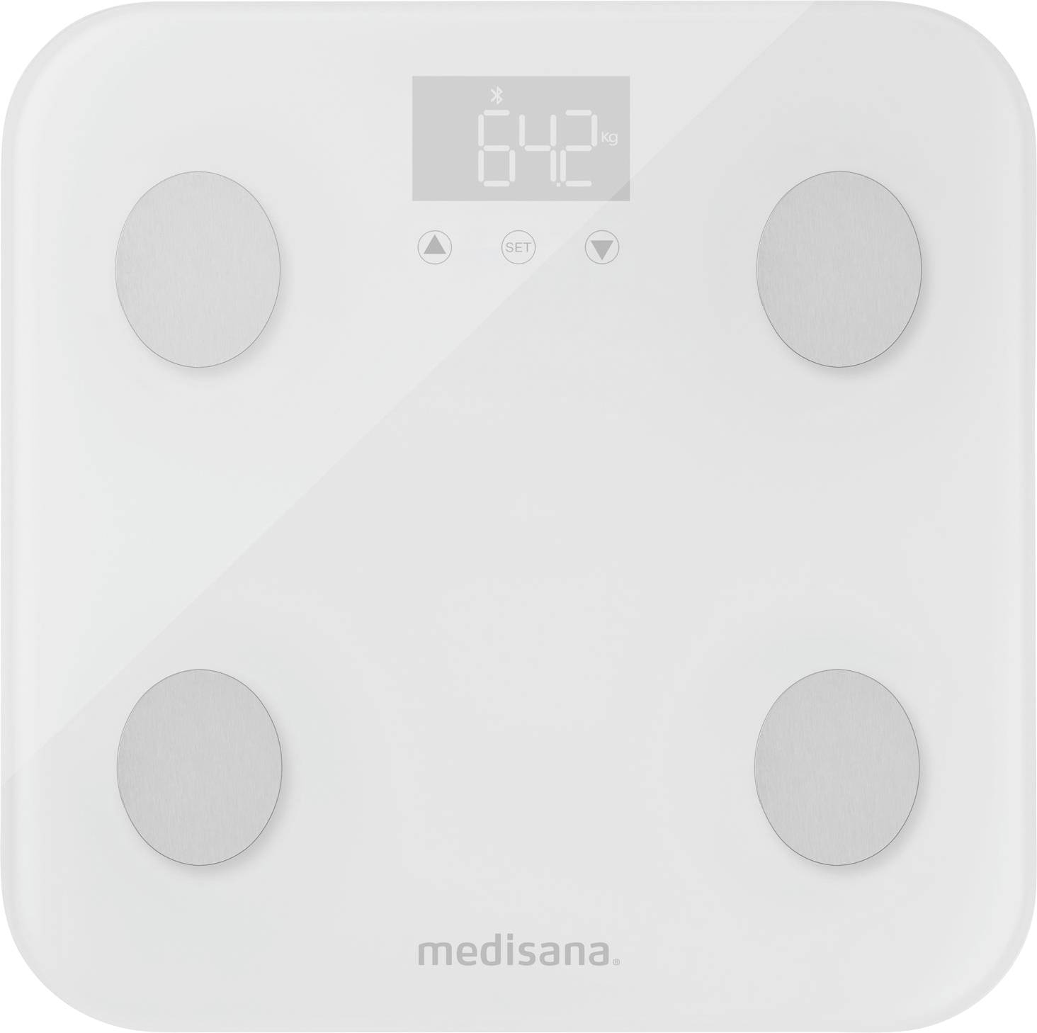 Digitální osobní váha se čtyřmi stříbrnými senzory na bílém povrchu, displej ukazuje '64,2 kg'.