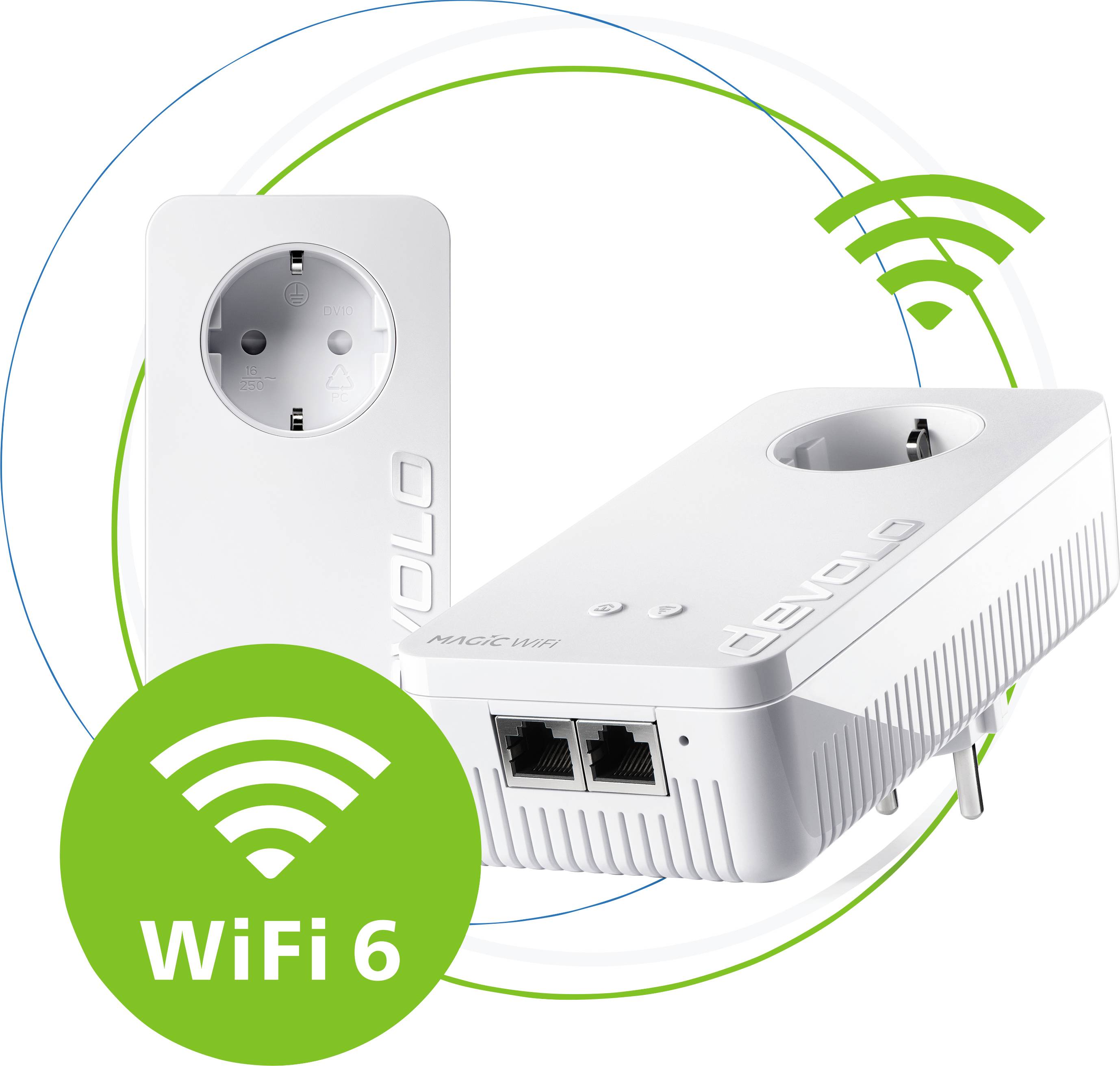 Bílý adaptér WLAN s nápisem 'devolo' a logem WiFi-6, který zobrazuje dva ethernetové porty, vedle něj rozvodná elektrická lišta.