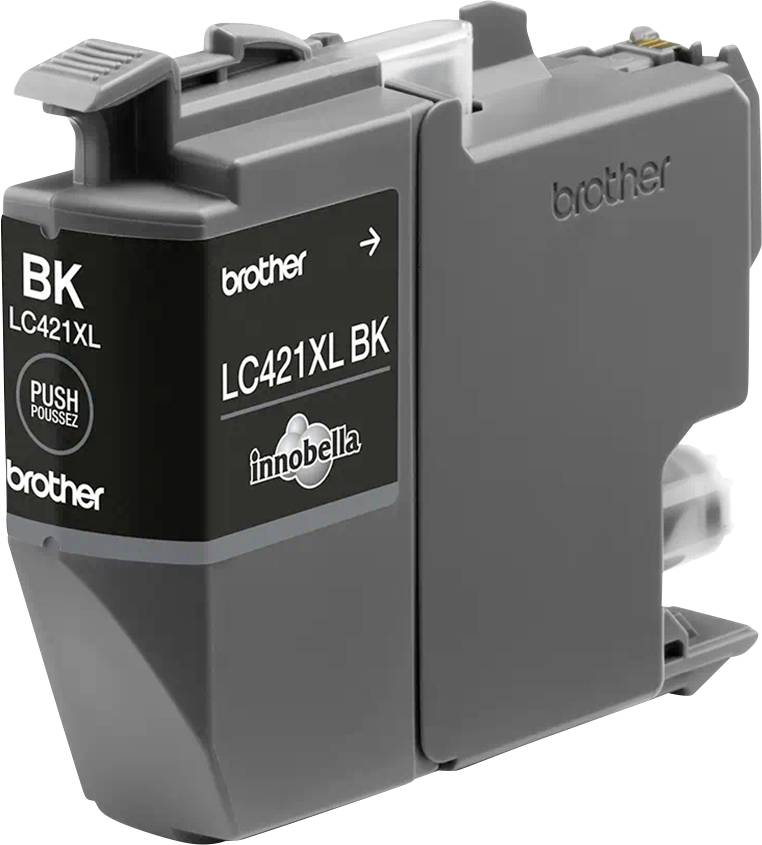 Černá inkoustová kazeta značky Brother, model LC421XL BK, s poznámkou 'PUSH' pro vložení do tiskárny.
