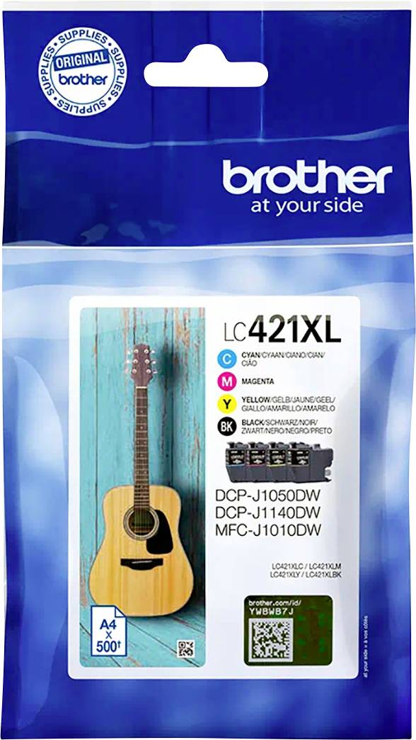 Inkoustová kazeta Brother LC421XL v azurové barvě pro modely DCP-J1050DW, DCP-J1140DW, MFC-J1010DW. Balení zobrazuje akustickou kytaru.
