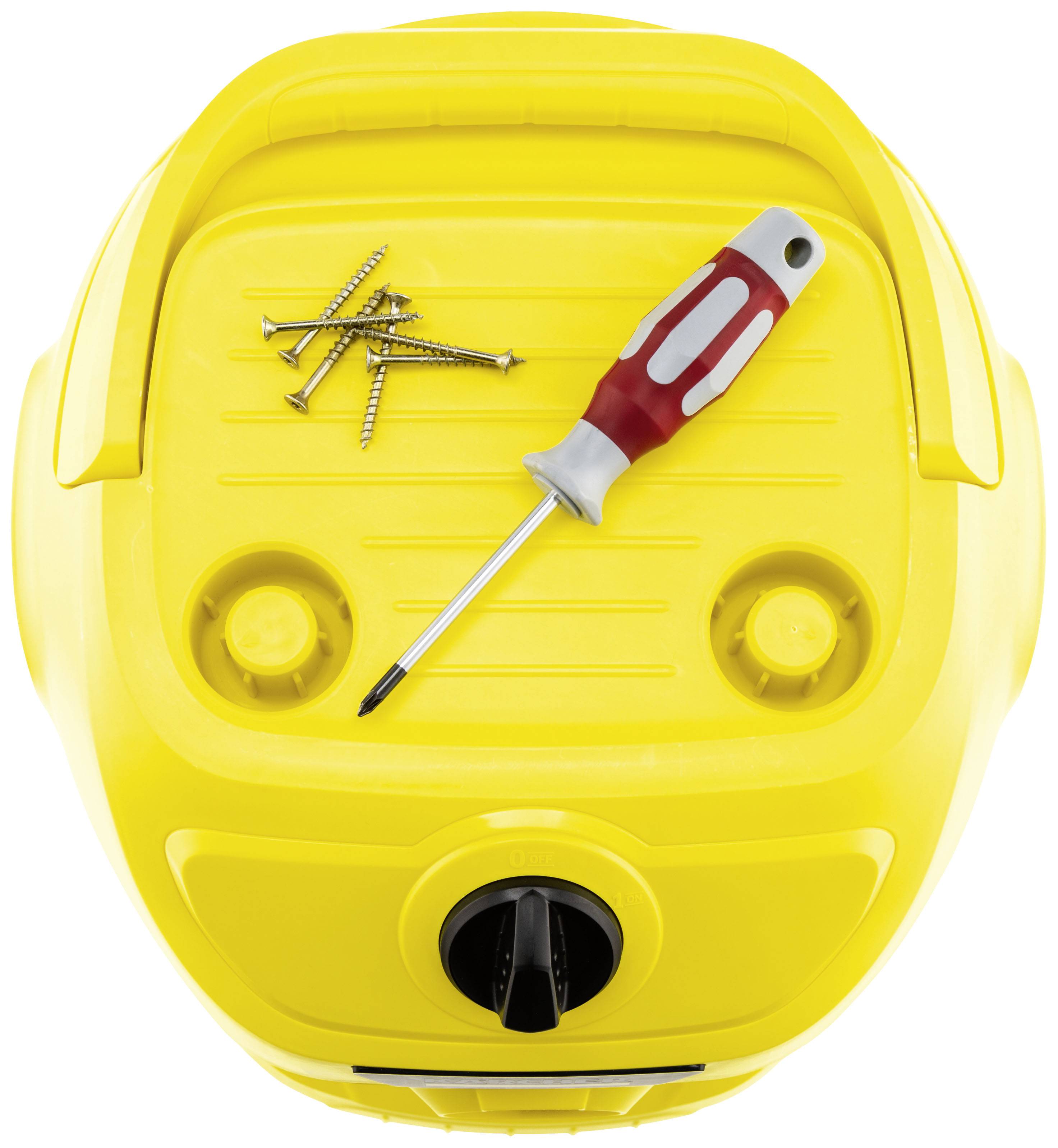 Žlutý plastový box s šroubovákem a čtyřmi šrouby navrchu. Sada nástrojů pro uskladnění nebo opravárenské účely.