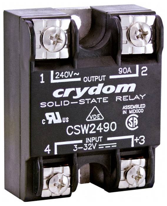Polovodičové relé označené Crydom CSW2490, výstup 240V, 90A, se svorkami pro připojení vstupu a výstupu.