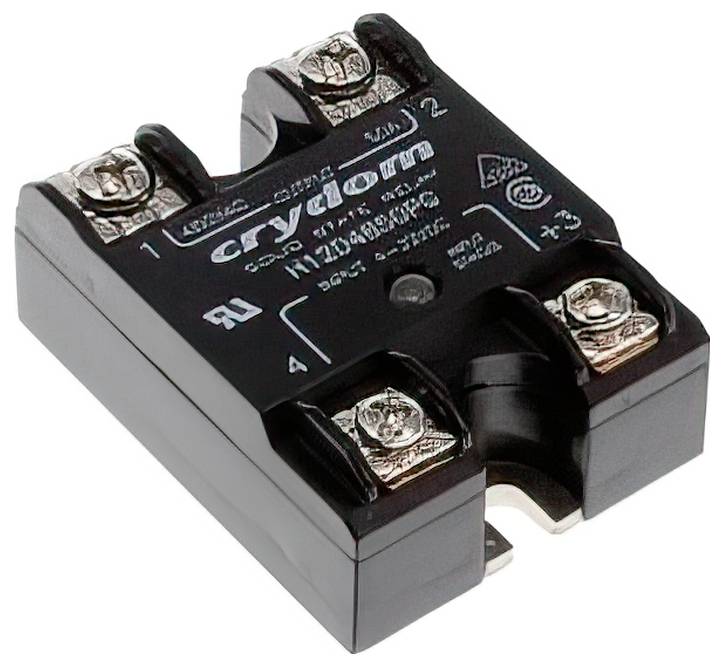 Černý polovodičový relé Crydom řady solid state s čtyřmi šroubovacími svorkami, model D2440, určený pro aplikace s vysokým proudem a napětím.
