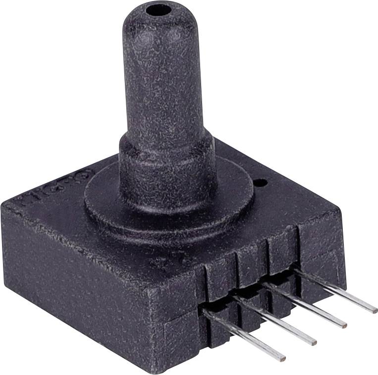 Černý elektronický senzor s tryskou a čtyřmi kovovými kolíky, pravděpodobně používaný pro měření tlaku v technických nebo průmyslových aplikacích.