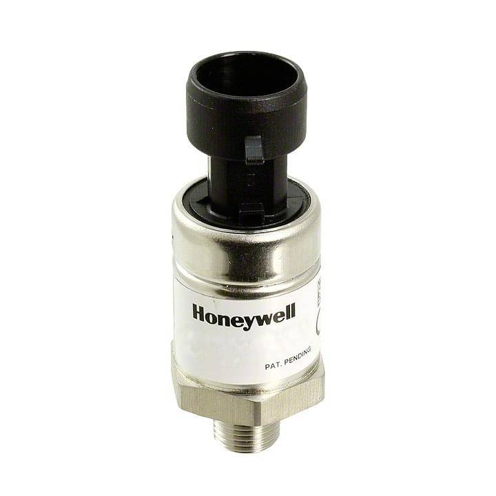 Tlakoměrný senzor společnosti Honeywell, válcovitého tvaru, vyrobený z kovu s černým připojovacím adaptérem.