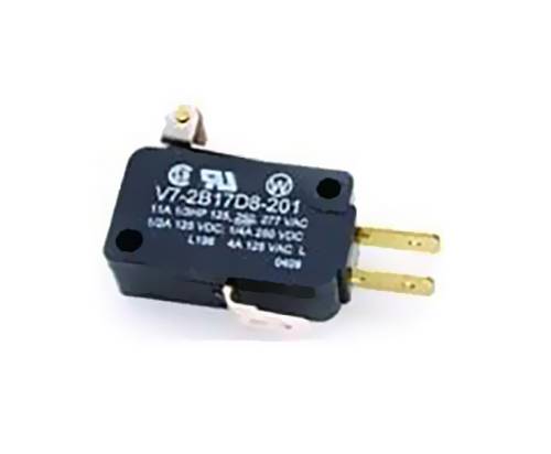 Černý mikrospínač se zlatými připojovacími kolíky, označený elektrickými specifikacemi.