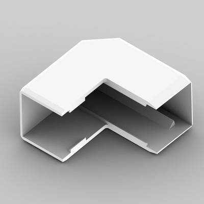 Bílý plastový L-konektor, používaný pro spojení plastových dílů v pravém úhlu, na šedém pozadí.