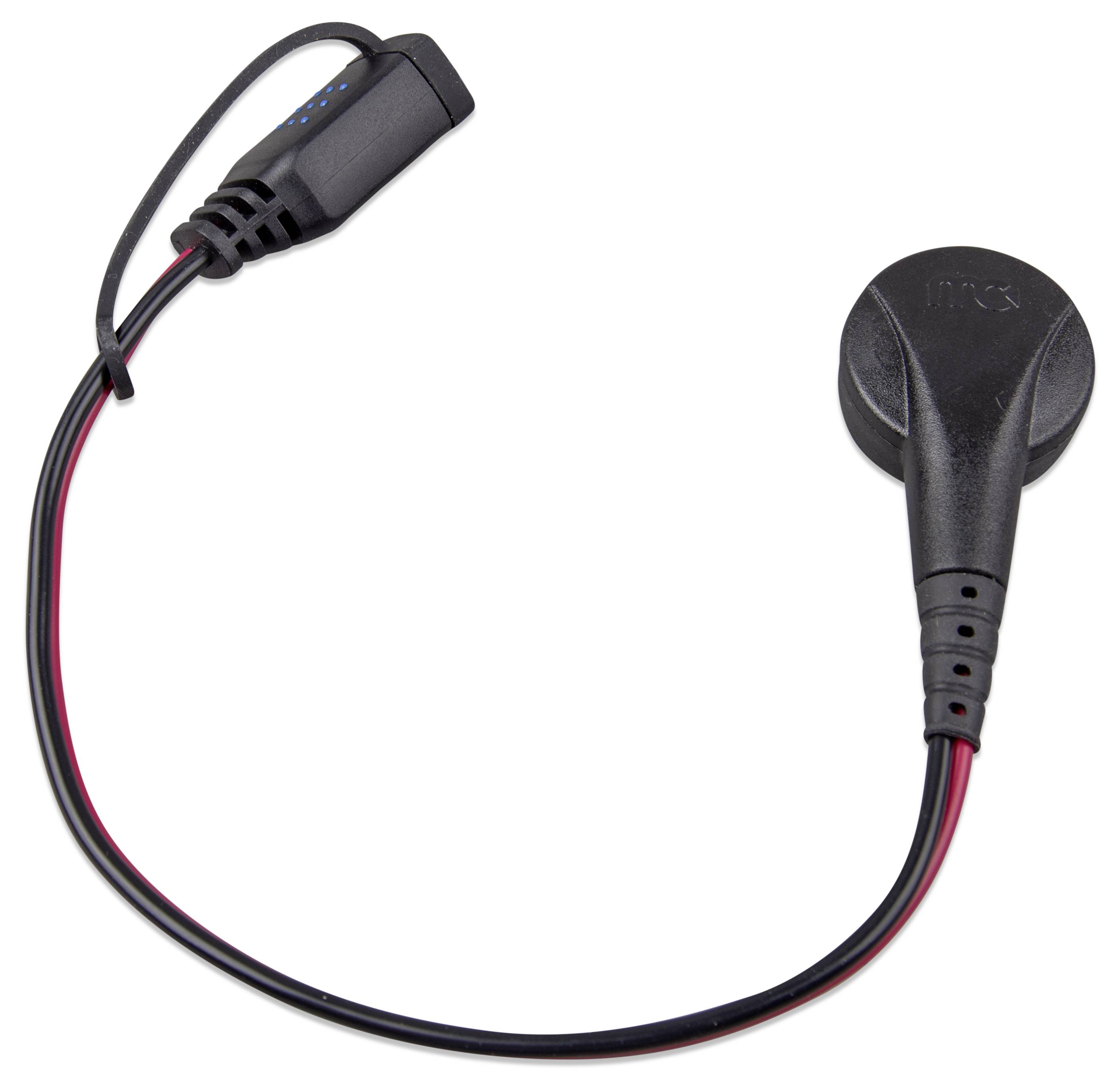 Plochý černý USB konektor s kulatým černým diskem na opačném konci, připojený krátkým černočerveným vodičem.
