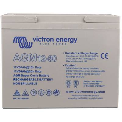 Baterie od Victron Energy, model AGM12-60. Zobrazuje specifikace jako 12V, 56Ah, dobíjecí, včetně bezpečnostních a nabíjecích pokynů.