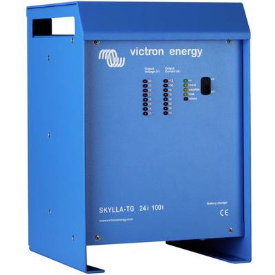 Modrá nabíječka od Victron Energy, model Skylla-TG 24/100. Indikační kontrolky pro různé výstupy a stavy.
