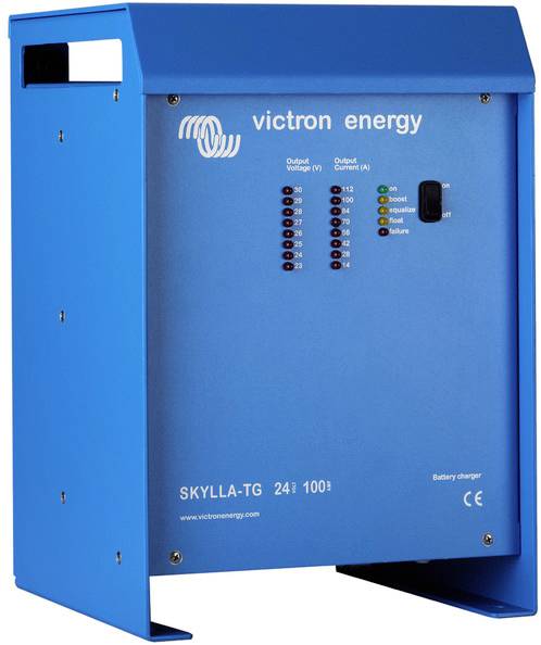 Modré nabíjecí zařízení značky Victron Energy, model Skylla-TG, zobrazuje výstupní napětí a proud pomocí LED indikátorů.