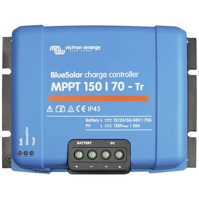Modrý Victron Energy BlueSolar MPPT 150/70 solární regulátor nabíjení s připojovacími body pro fotovoltaický panel a baterii. Zobrazuje symboly ochrany a stavů nabíjení.