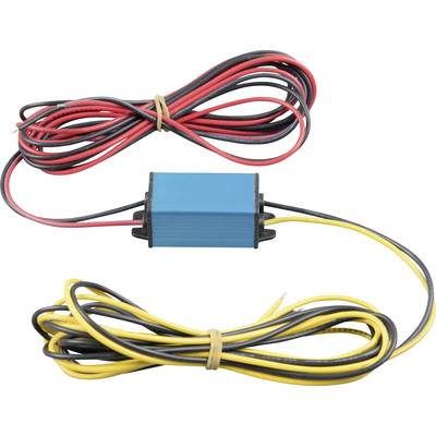 Modrá obdélníková elektrická součástka s červenými, černými a žlutými vodiči.