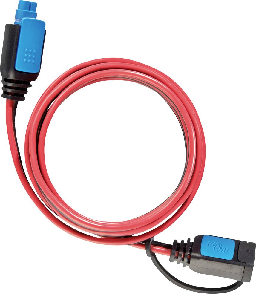 Červený síťový kabel stočený do spirály s modrými konektory na obou koncích, vhodný pro elektrické připojení.