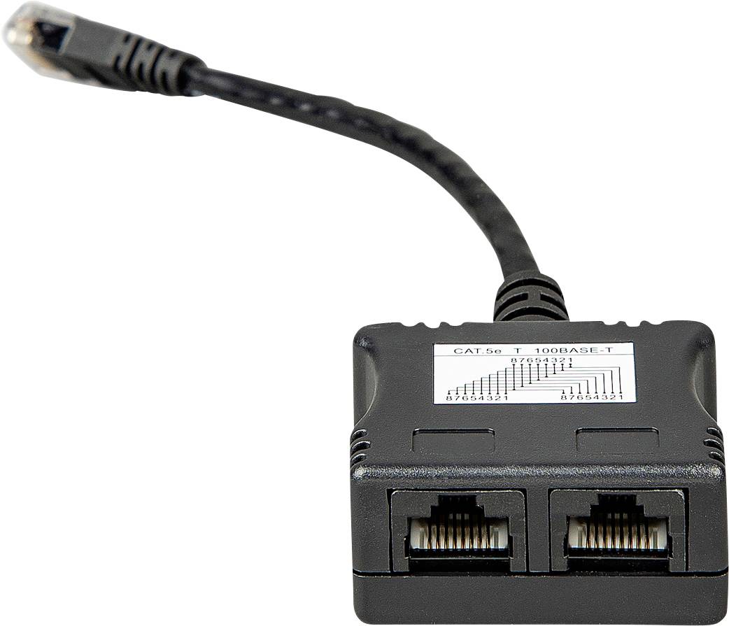 Dvoupórtový síťový rozbočovač RJ45 pro připojení síťových kabelů, vhodný pro sítě CAT.5e a připojení 1000BASE-T.