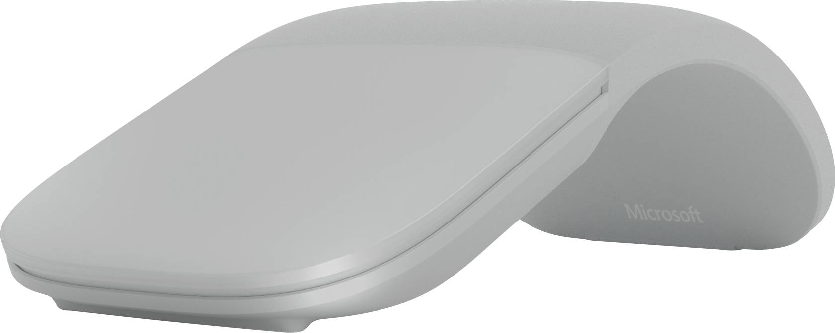 Šedá, zakřivená počítačová myš s moderním designem a hladkým povrchem. Je bezdrátová a ergonomicky tvarovaná.