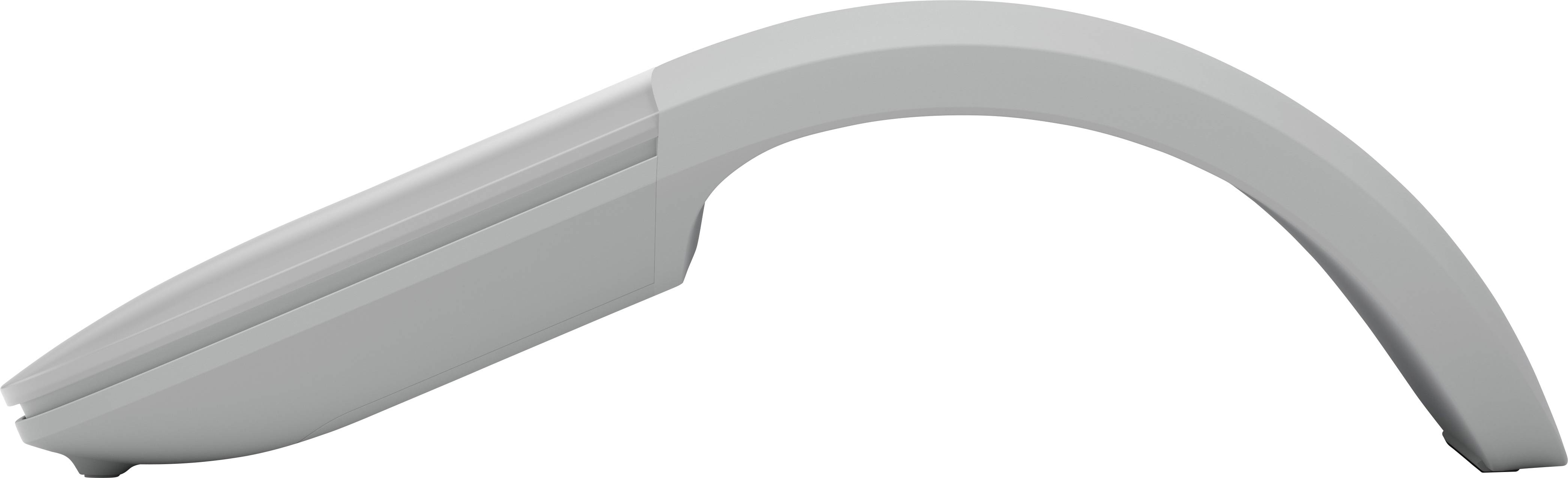 Moderní, zahnutá bezdrátová myš v světle šedé barvě. Ergonomický design pro pohodlné uchopení.