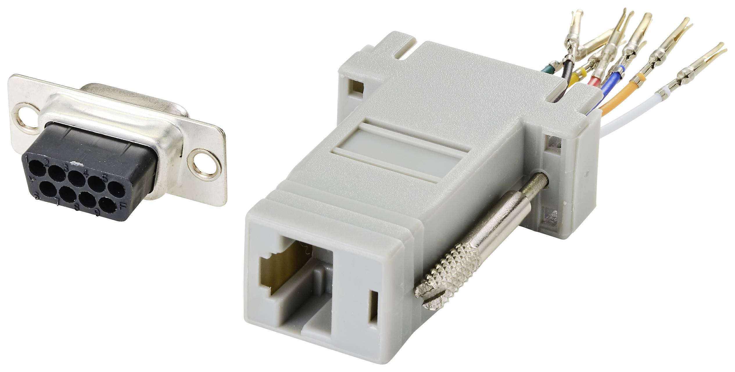 Adaptér RS232 s odpojitelnými svorkovnicemi a vícebarevnými kabely.