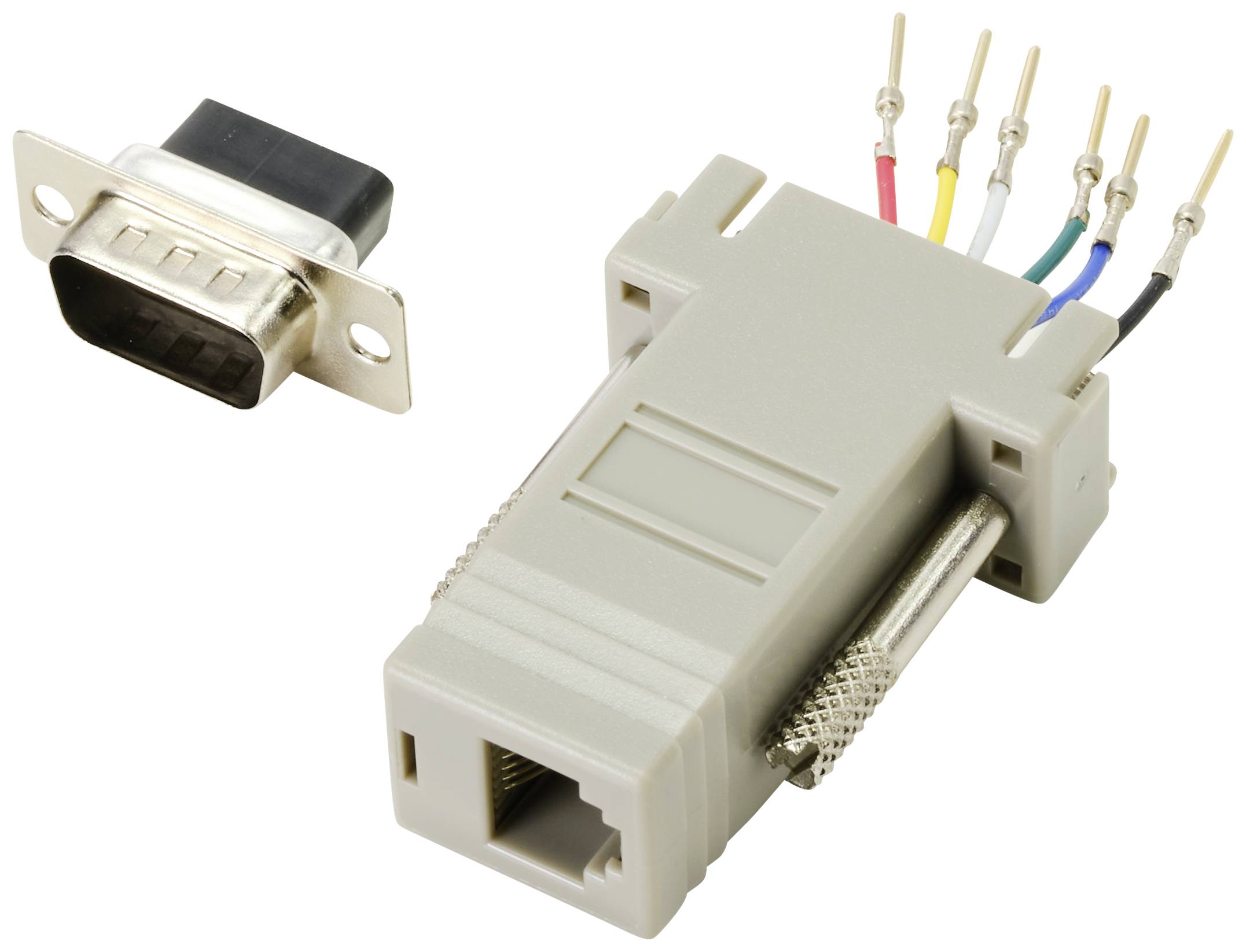 Šedý RJ45 sériový adaptér s několika barevnými kabelovými konektory vedle sériového portu.