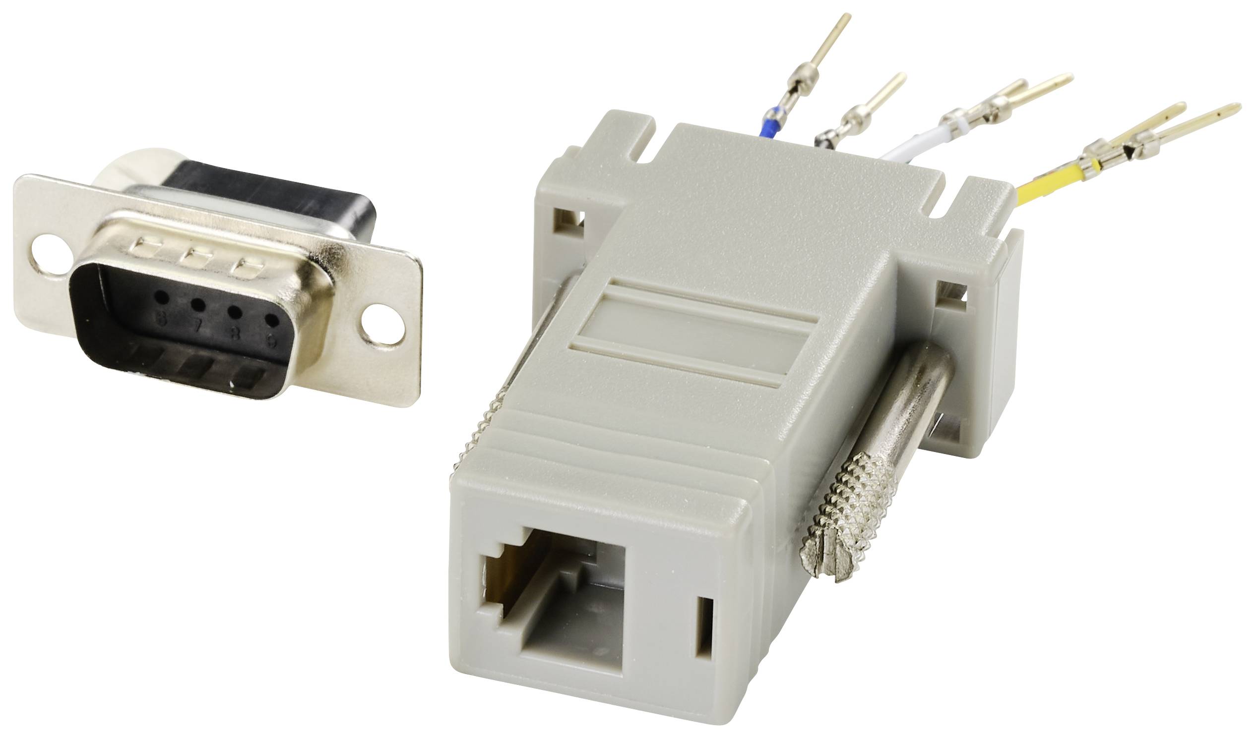 Sériový adaptér na modulární RJ45: Adaptér s DB9 sériovým konektorem a zásuvkou RJ45, určený pro připojení sériových zařízení k sítím.