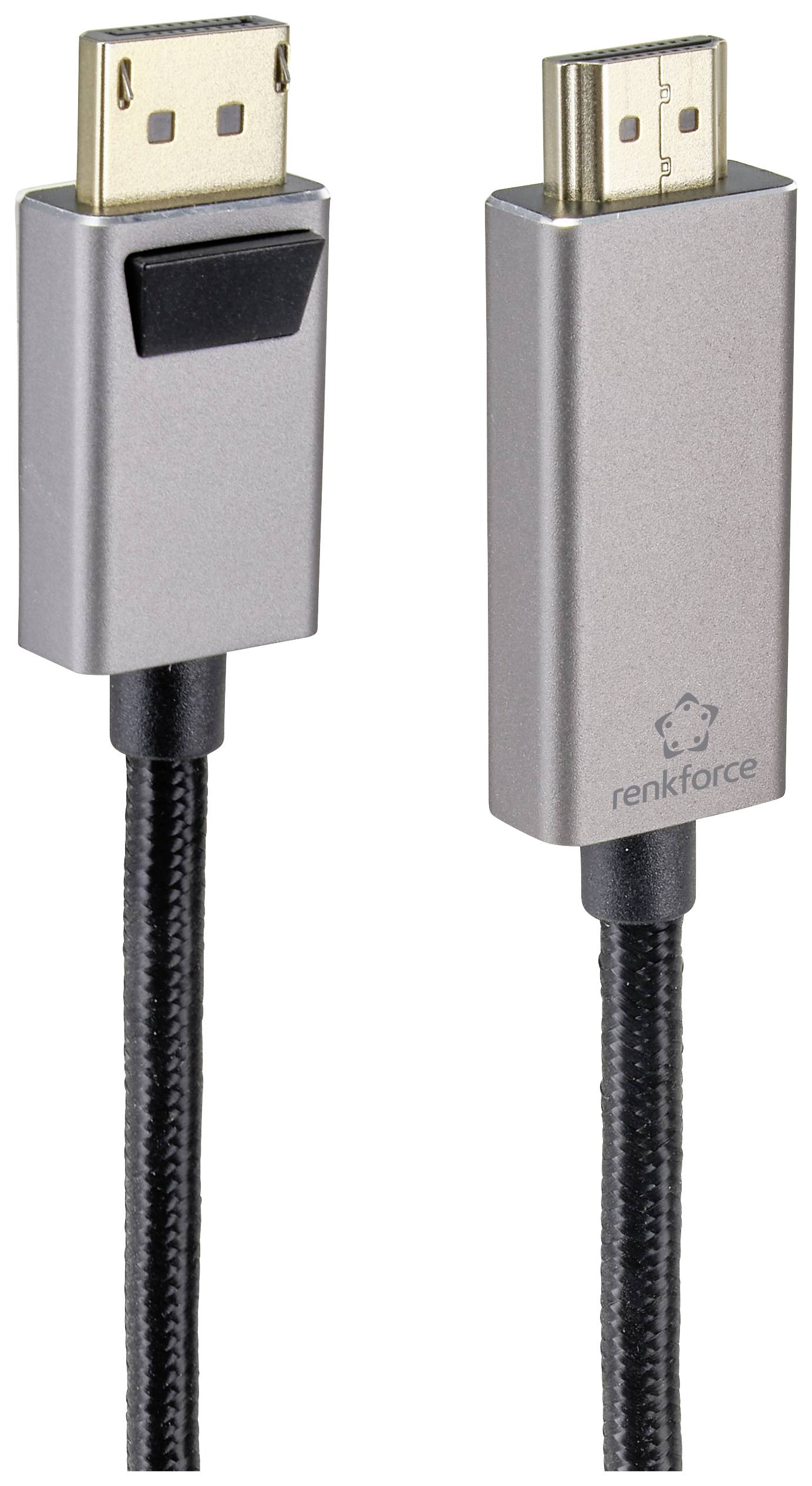 Dva stříbrné konektorové zástrčky: vlevo DisplayPort, vpravo HDMI kabel. Kabely jsou černě opláštěné. Označení: 'Renkforce'.