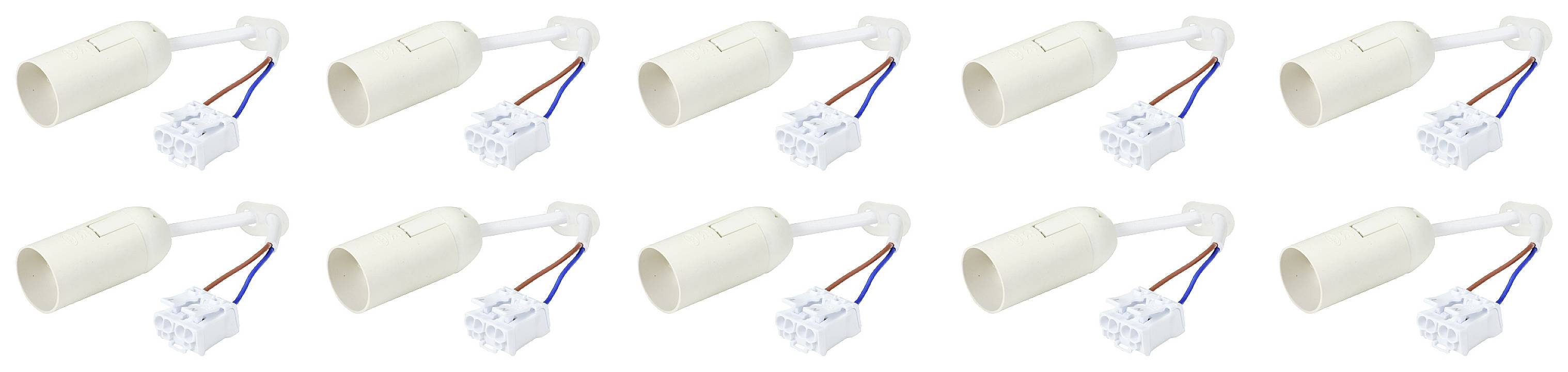 Několik bílých elektrických kabelových konektorů s trubicovitými spojkami a barevnými vodiči, rovnoměrně uspořádaných v řadách.