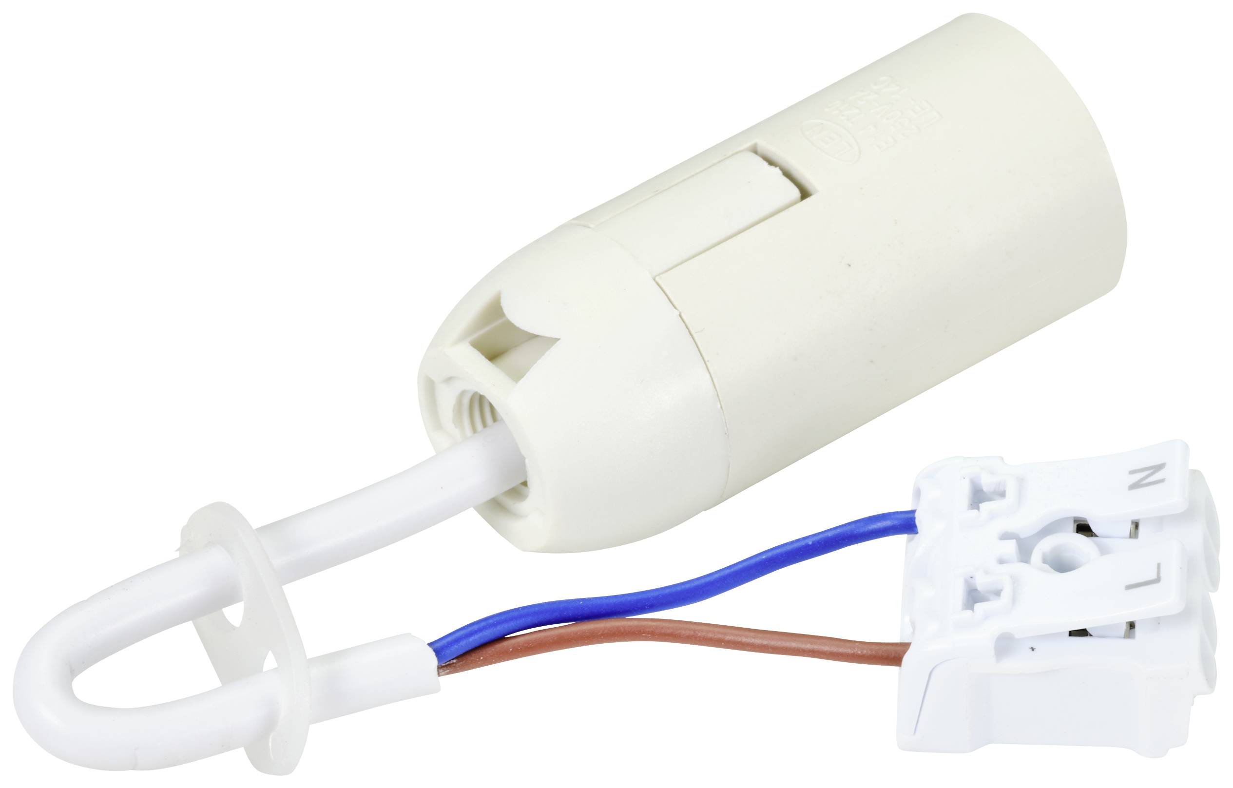 Bílá objímka lampy s modrými a hnědými vodiči, propojená bílou zástrčkou. Vhodná pro elektrické osvětlení.