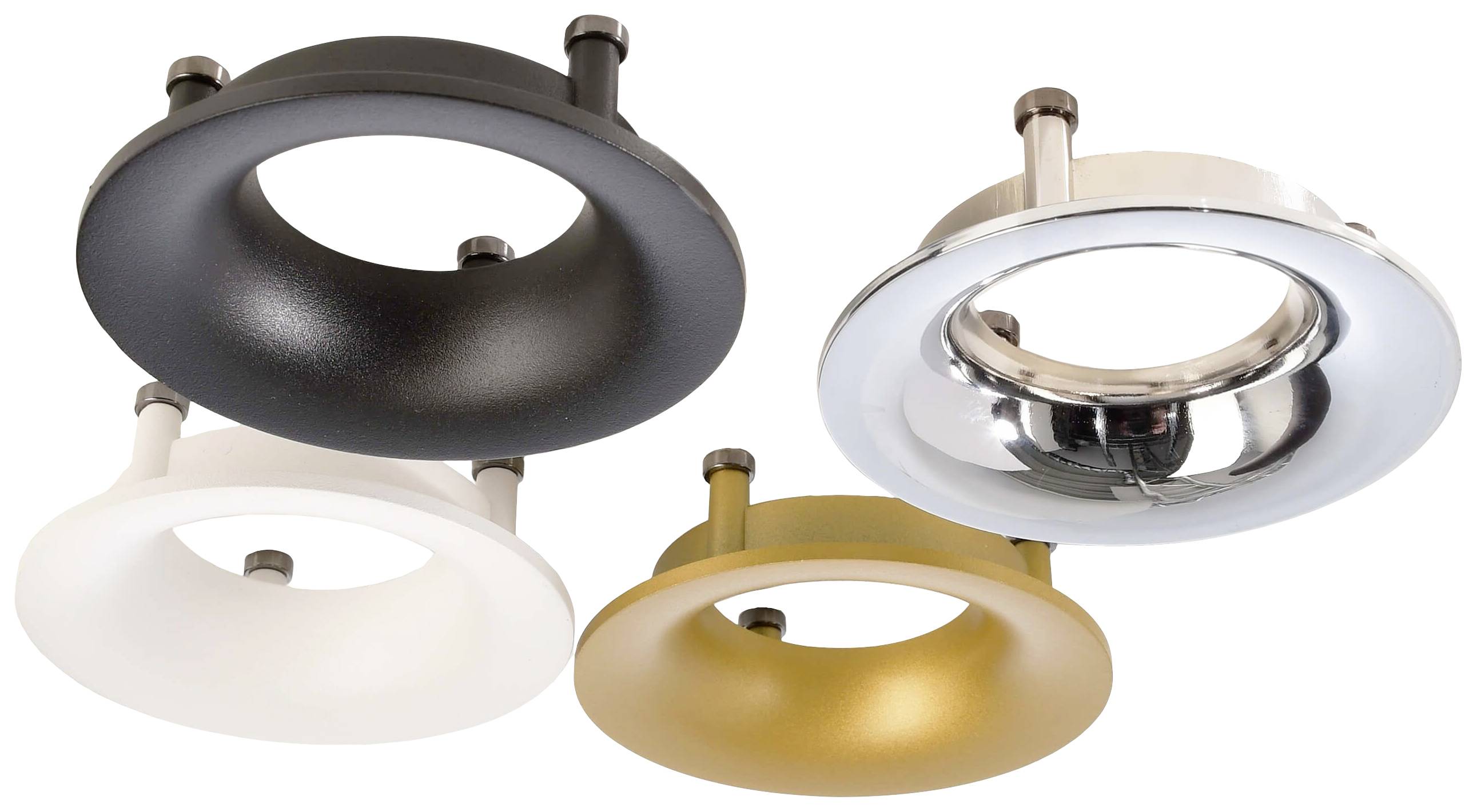 Čtyři kulaté LED světla v černé, bílé, stříbrné a zlaté barvě, namontované na stropě. Mají moderní, minimalistický design.