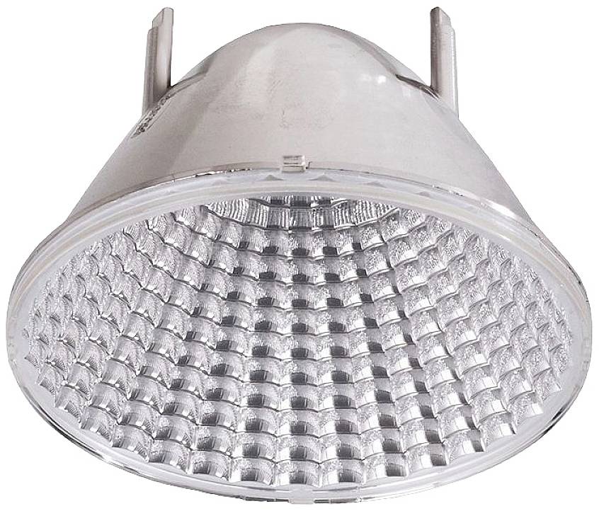 Stříbrné LED svítidlo s konkávní, mřížkovitou strukturou povrchu. Ideální pro bodové osvětlení.