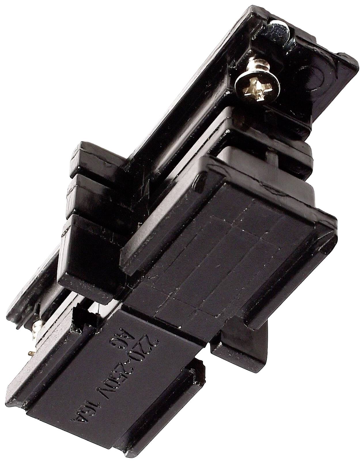 Černý elektrický konektor s dvěma zdířkami, který je umístěn vertikálně. Šrouby spojují jednotlivé části.